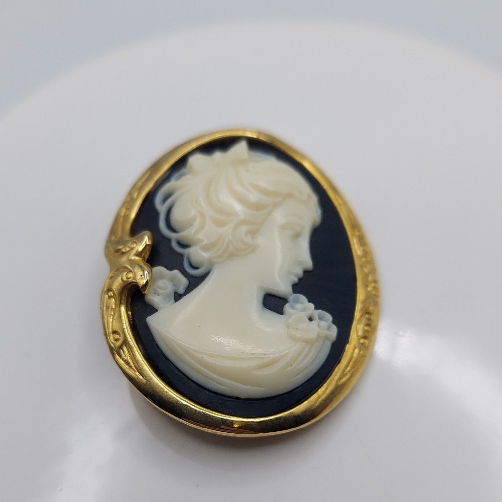 Vtg Cameo Black & White Brooch 1.5".